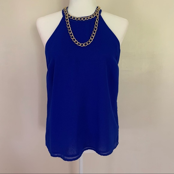 Royal blue blouse with gold chain. Racer back. - Picture 1 of 7